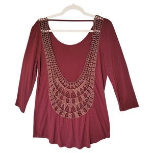 BKE Red Buckle Metallic Backless Top Womens S Burgundy Drapy Long Sleeve